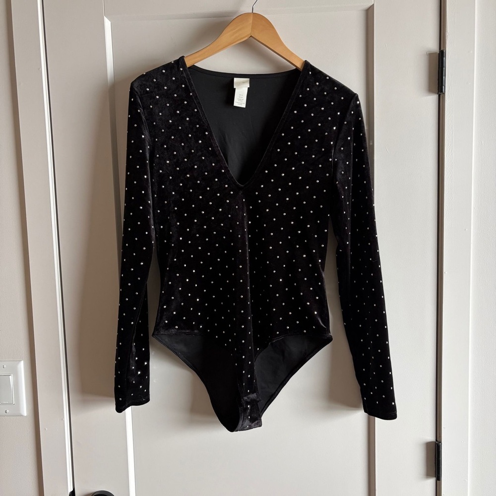 H&M Black Velvet Bodysuit | Rhinestone Embellished | Deep V-Neck | M | Y2K Glam